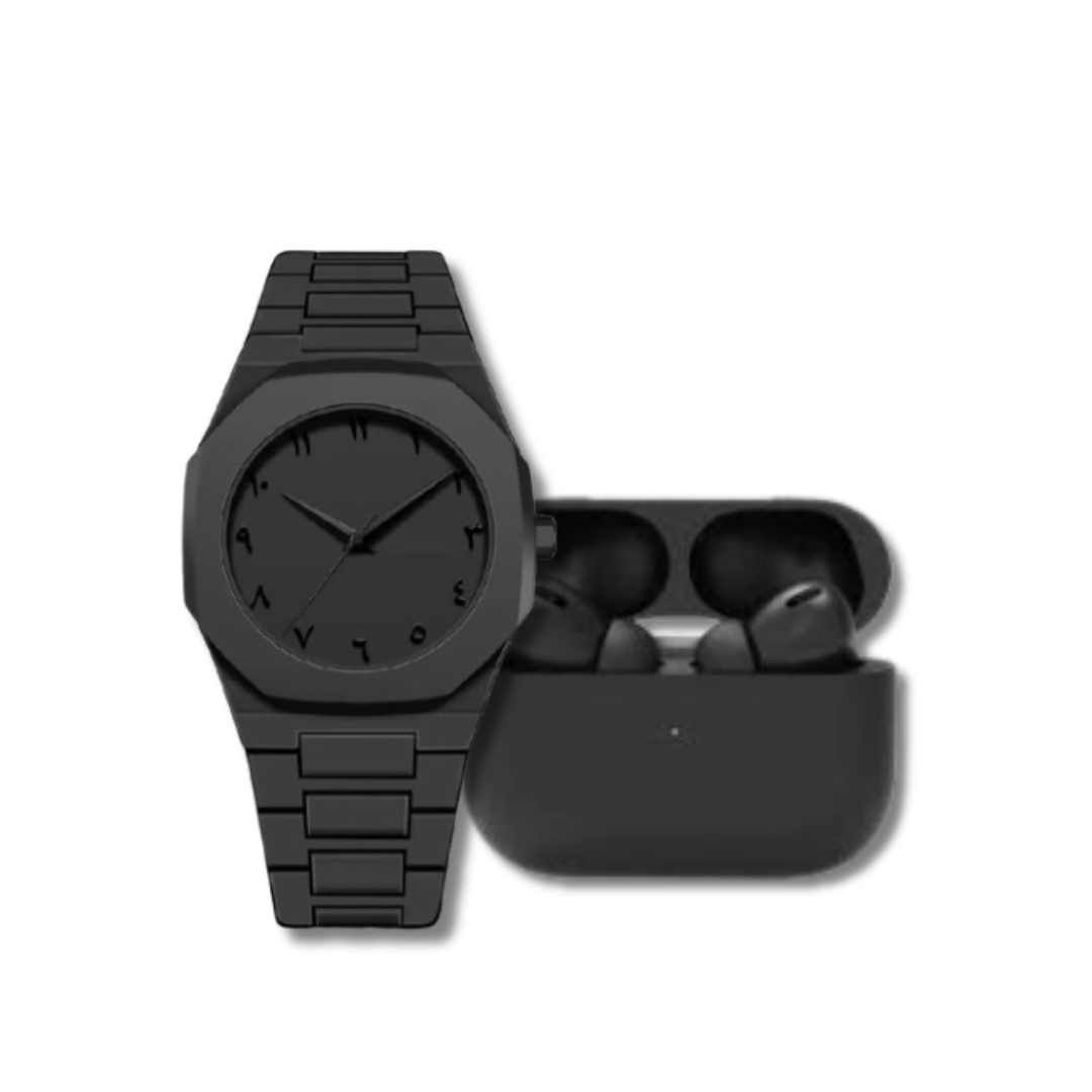 Black Aura Watch & AirPods – Combo Deal (30% OFF)