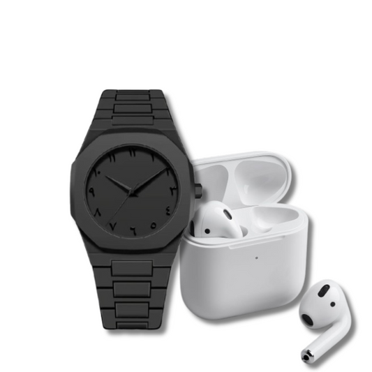 Black Aura Watch & AirPods – Combo Deal (30% OFF)